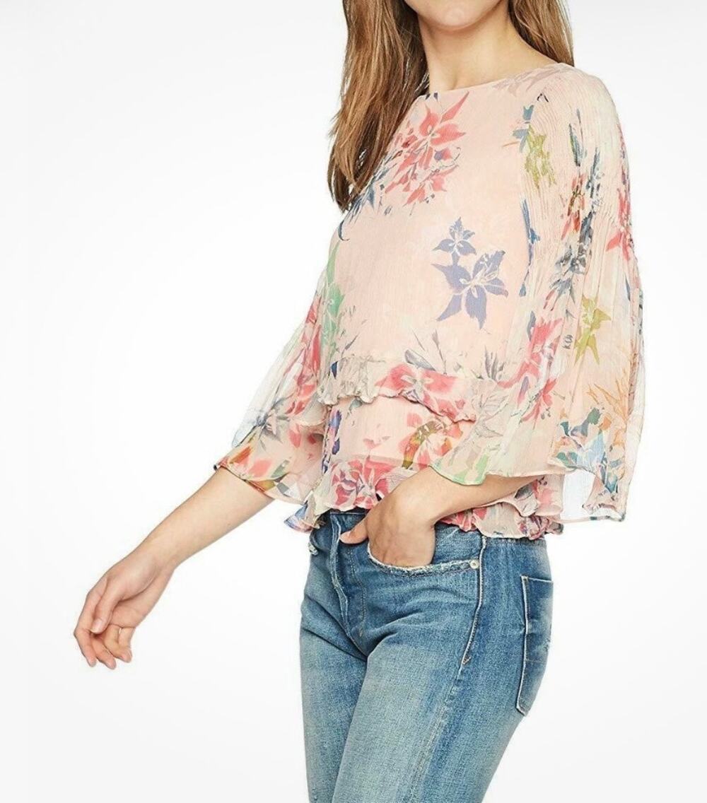 Nicole Miller Artelier Silk Bell Sleeve Cropped Blouse Pink Floral S